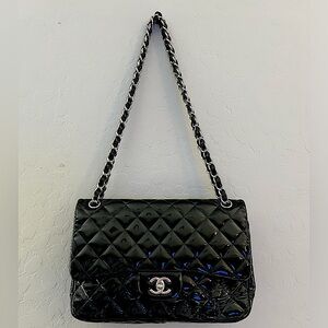 CHANEL Double Flap Quilted Patent Leather